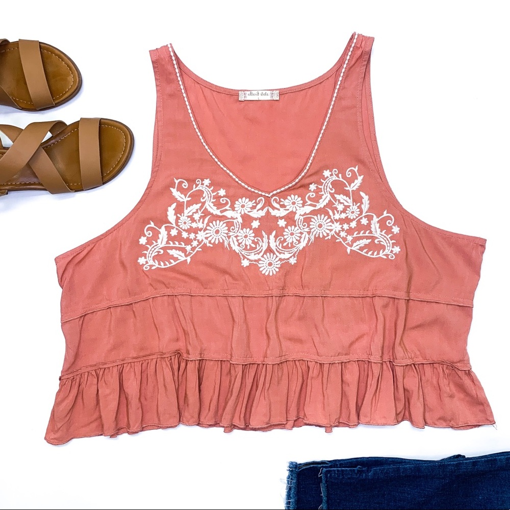 ALTAR’D STATE Large Crop Top with White Embroidered Detail and Ruffle Hem
